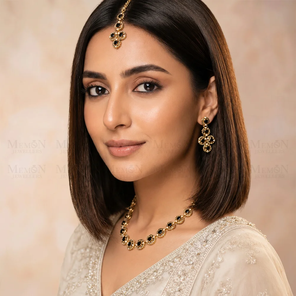 Black Gold Square Motif Partywear Necklace Set