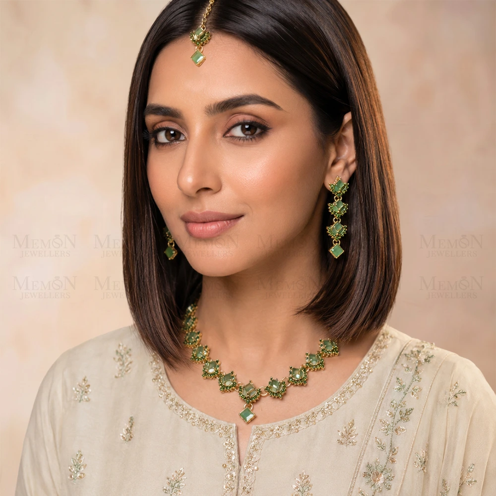 Mint Green Diamond Drop Necklace Set