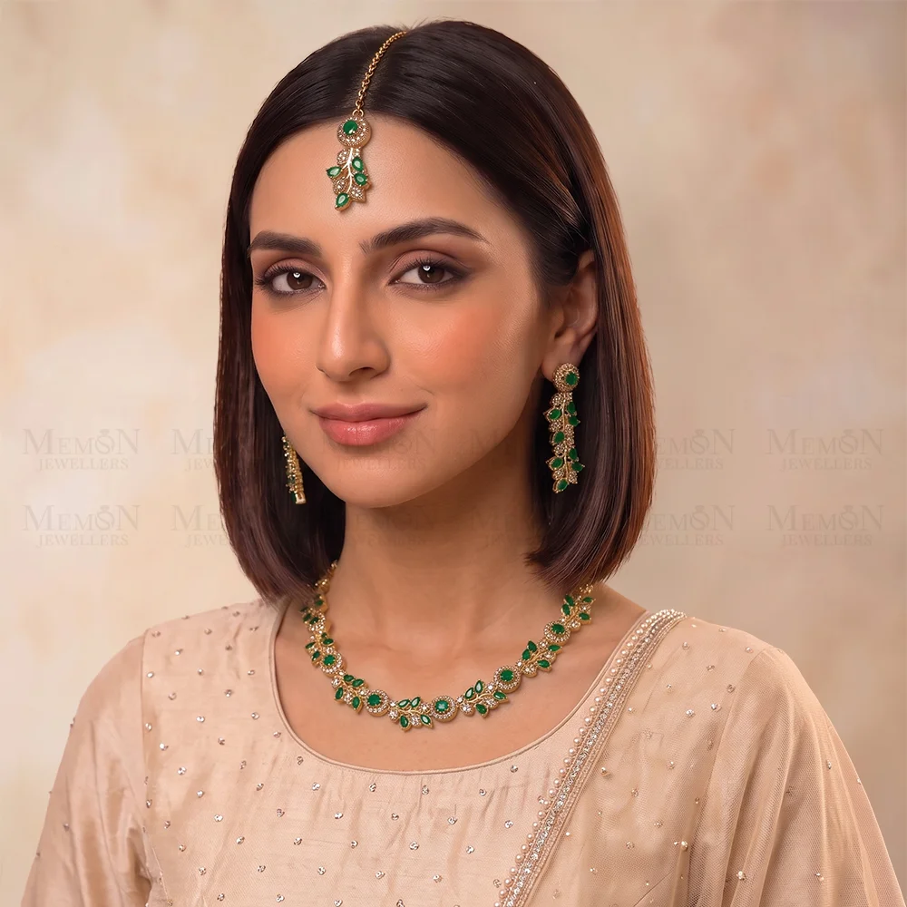 Mint Green Sleek Floral Partywear Necklace Set