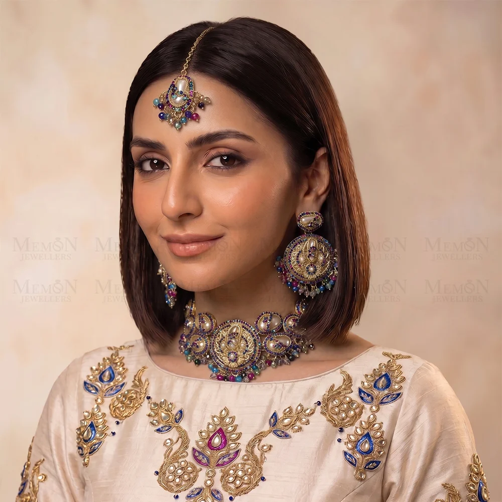 Nauratan Coin Shield Cluster Necklace Set