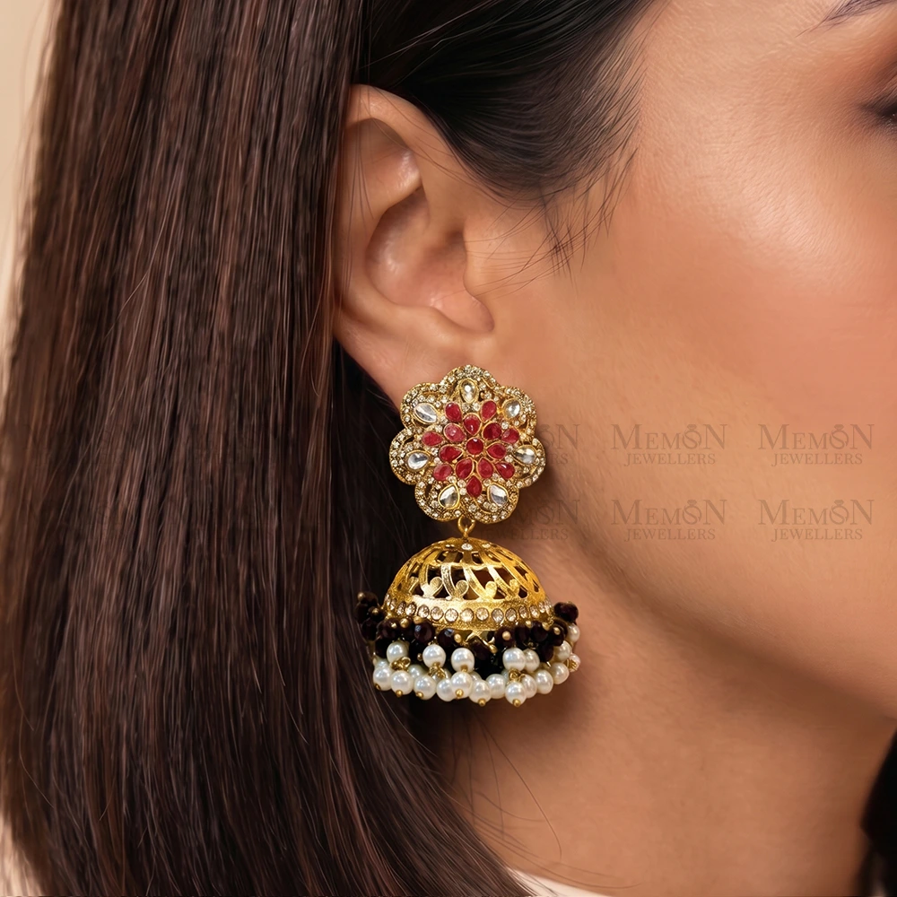Ruby Red Floral Cluster Jhumka